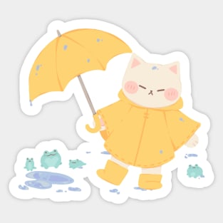 Raincoat Cat and Frogs Sticker